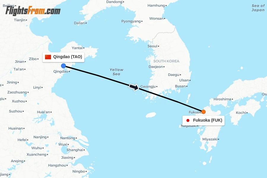 Flights from Qingdao to Fukuoka route map