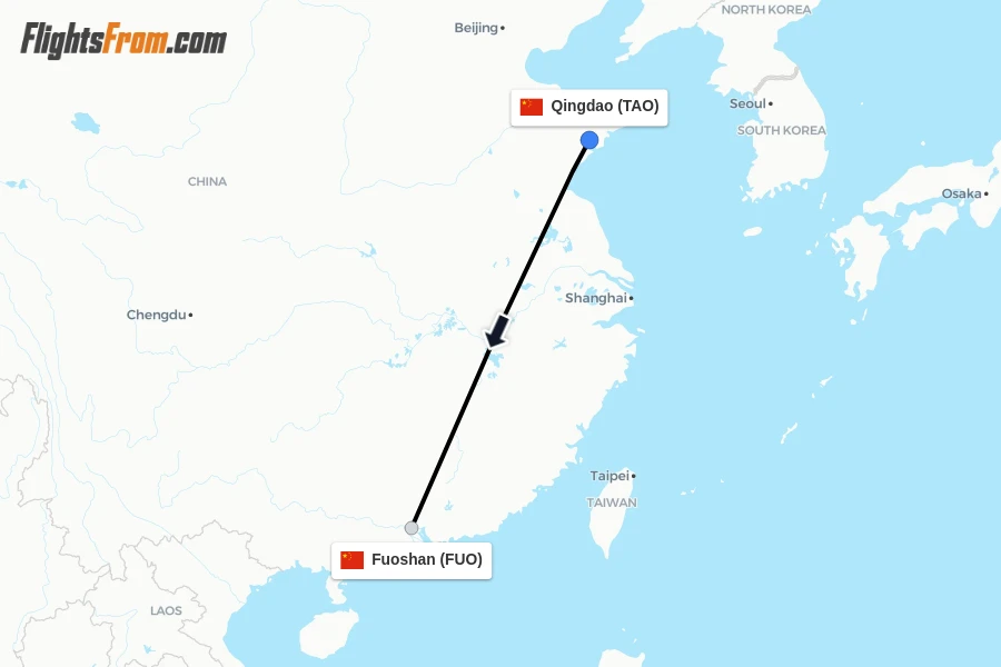 Flights from Qingdao to Fuoshan route map