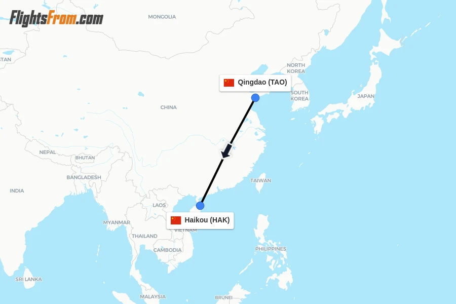 Flights from Qingdao to Haikou route map