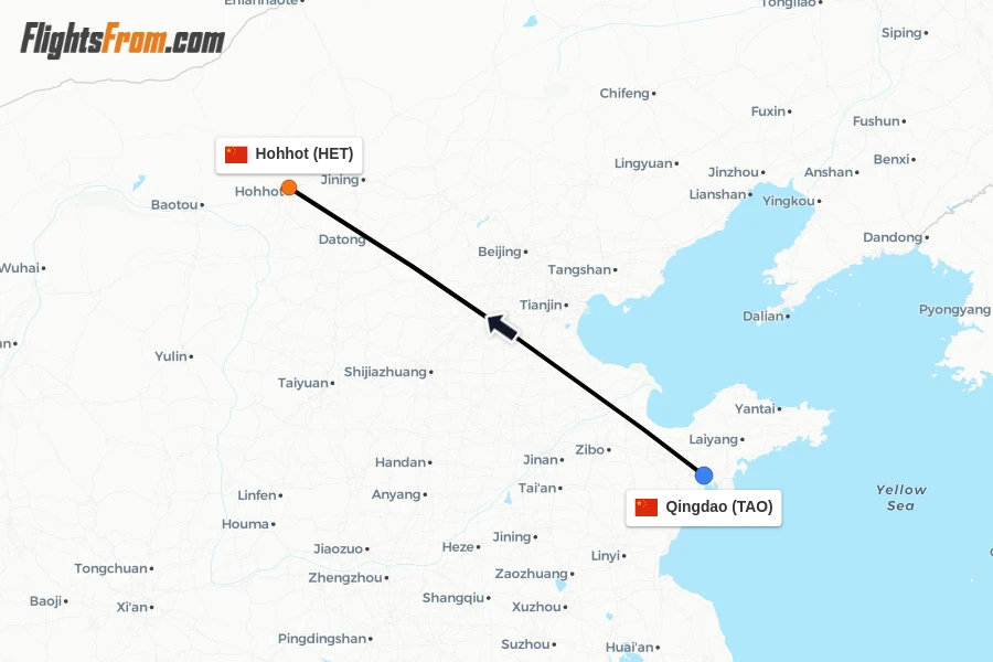 Flights from Qingdao to Hohhot route map