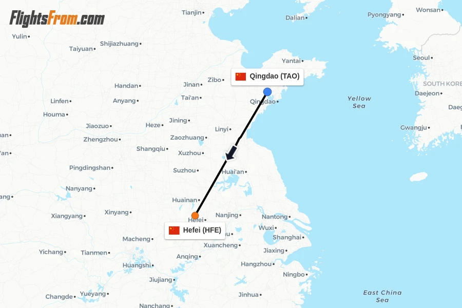 Flights from Qingdao to Hefei route map