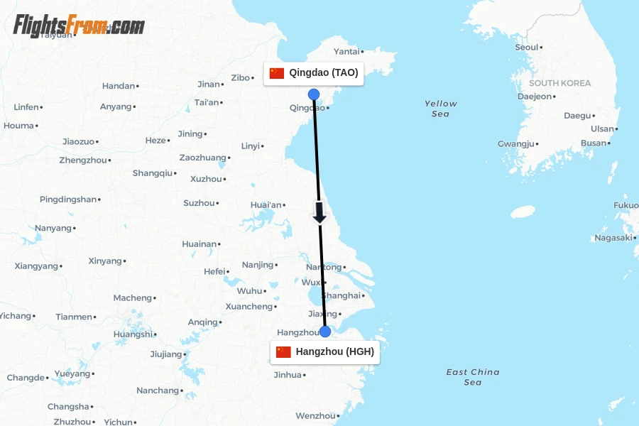 Flights from Qingdao to Hangzhou route map
