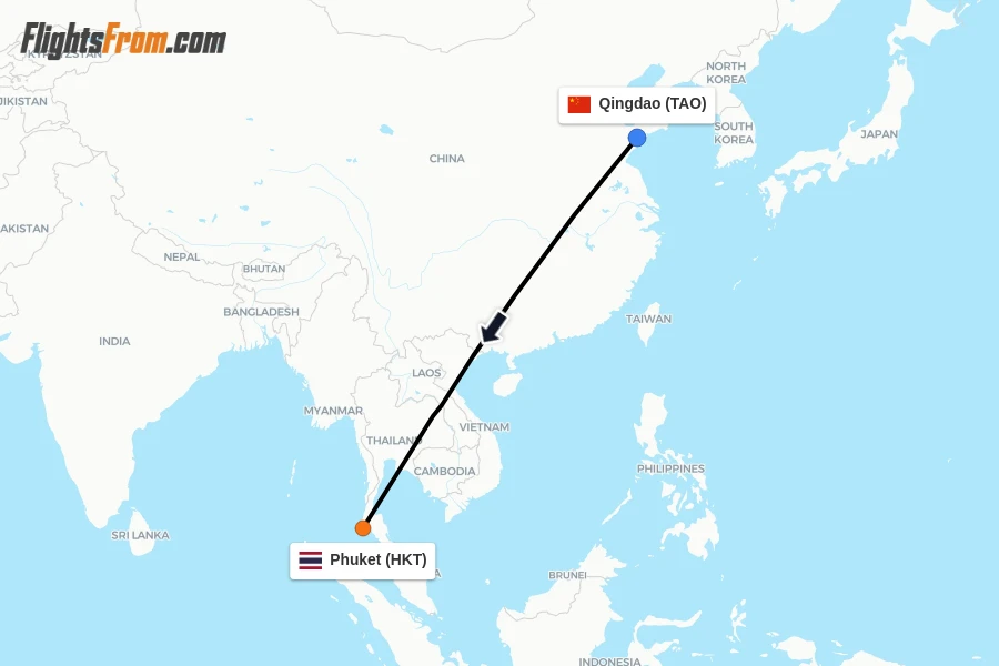 Flights from Qingdao to Phuket route map