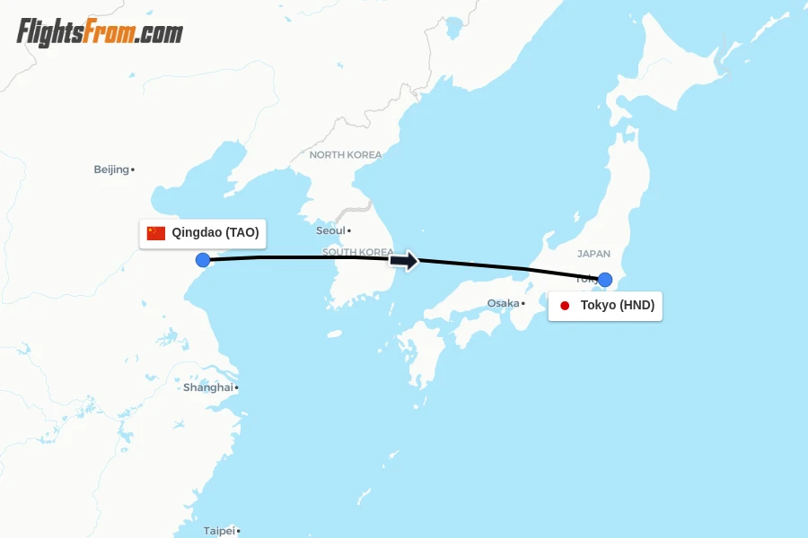 Flights from Qingdao to Tokyo route map