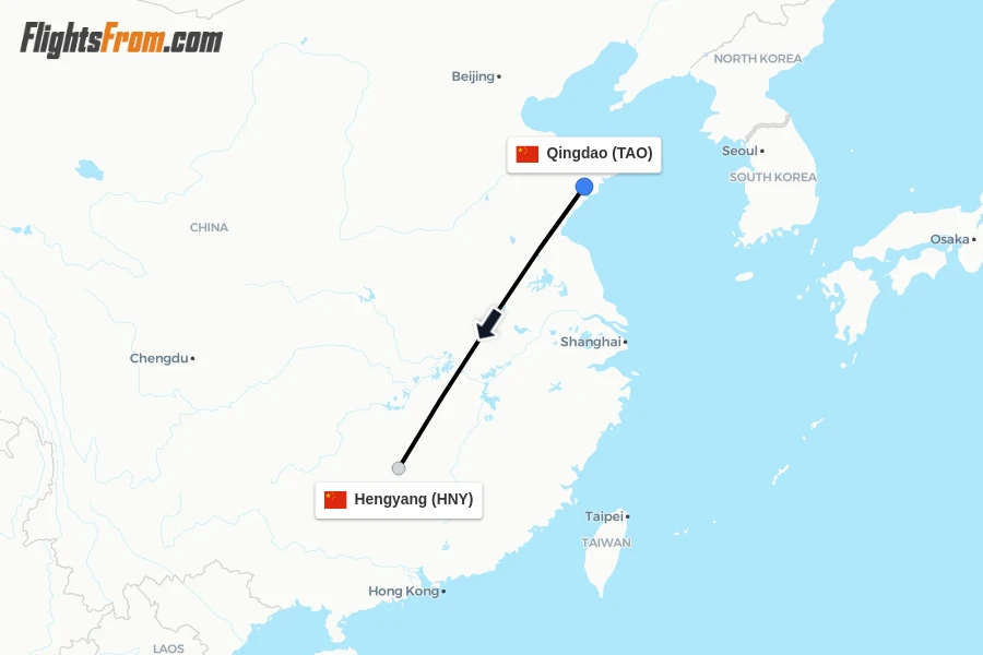 Flights from Qingdao to Hengyang route map