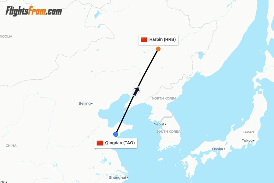 Flights from Qingdao to Harbin route map