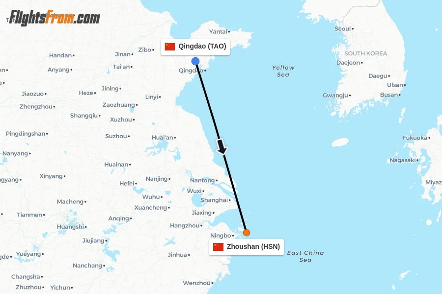 Flights from Qingdao to Zhoushan route map