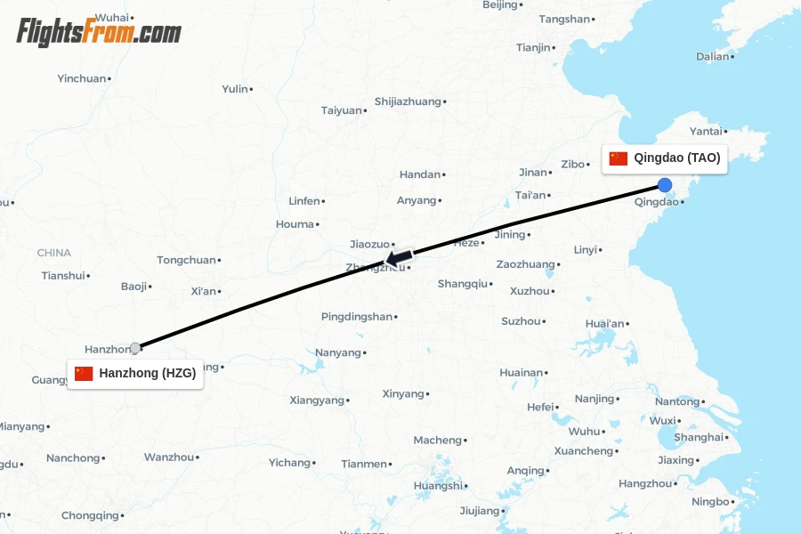Flights from Qingdao to Hanzhong route map