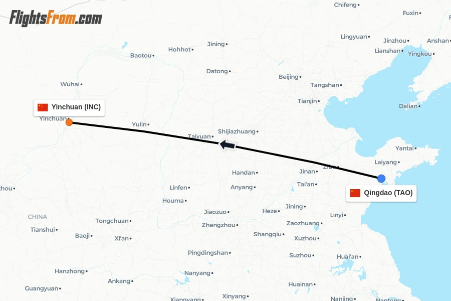 Flights from Qingdao to Yinchuan route map