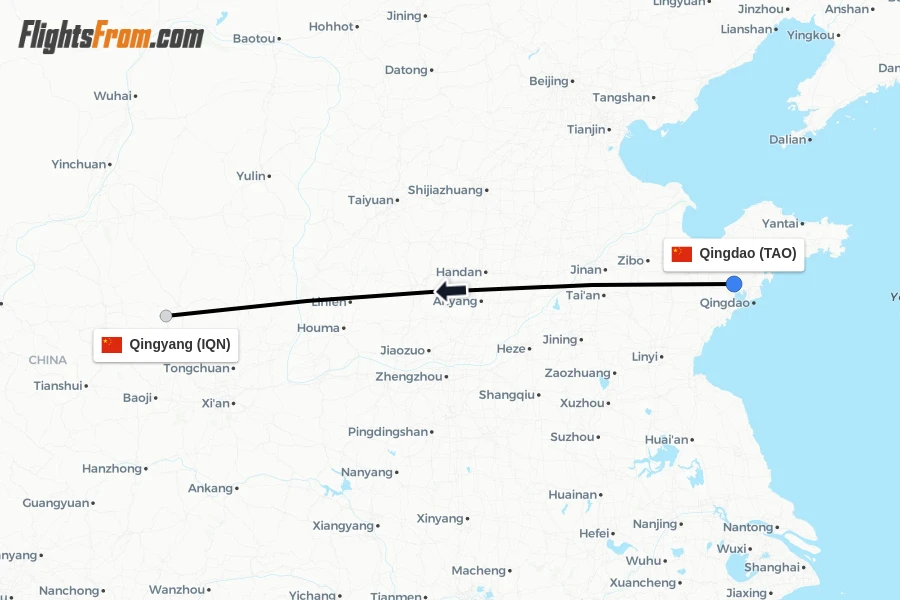 Flights from Qingdao to Qingyang route map