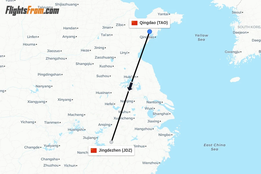 Flights from Qingdao to Jingdezhen route map