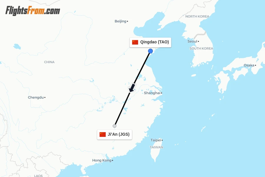 Flights from Qingdao to Ji'An route map