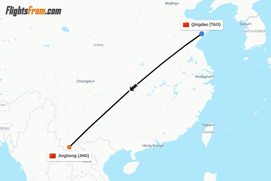 Flights from Qingdao to Jinghong route map