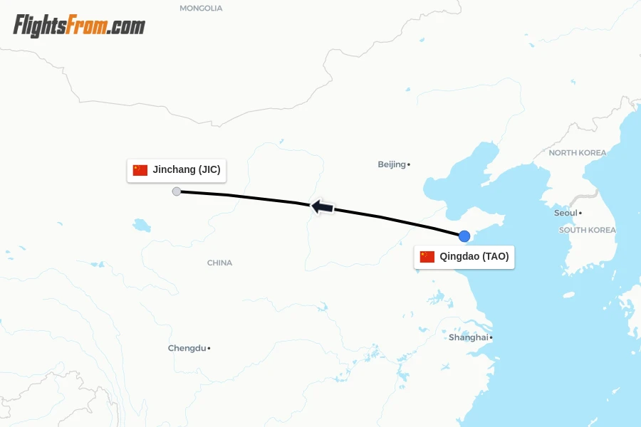 Flights from Qingdao to Jinchang route map