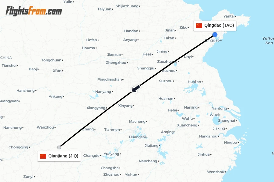 Flights from Qingdao to Qianjiang route map