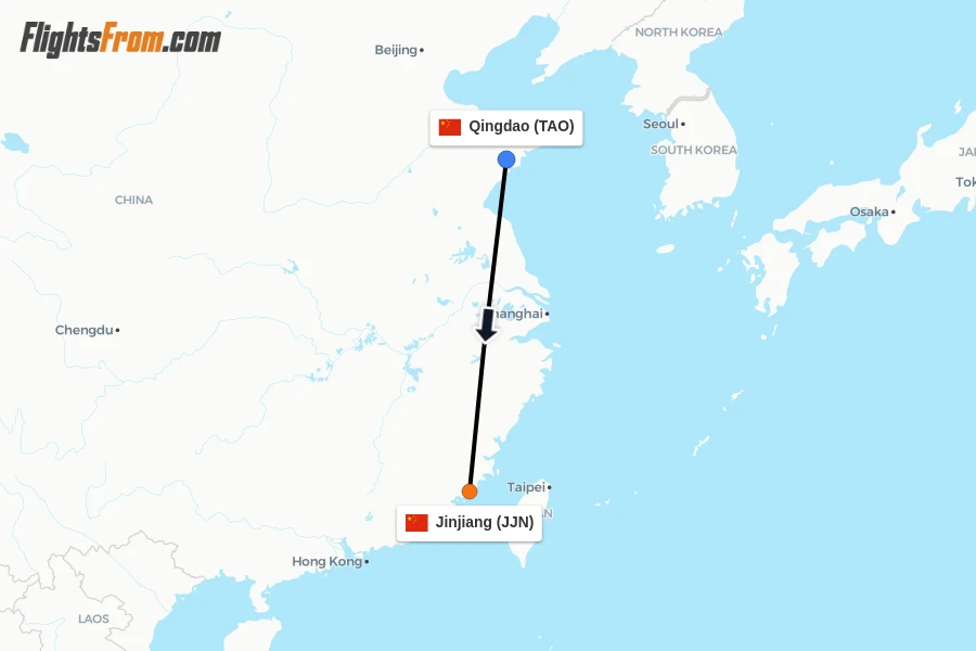 Flights from Qingdao to Jinjiang route map