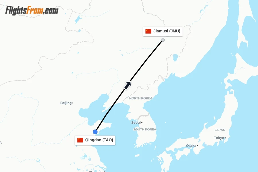 Flights from Qingdao to Jiamusi route map