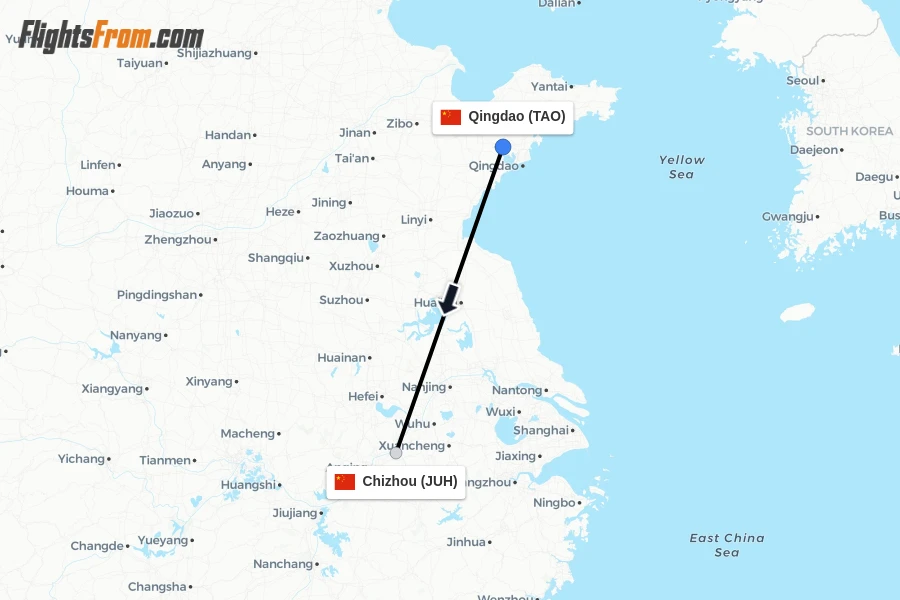 Flights from Qingdao to Chizhou route map