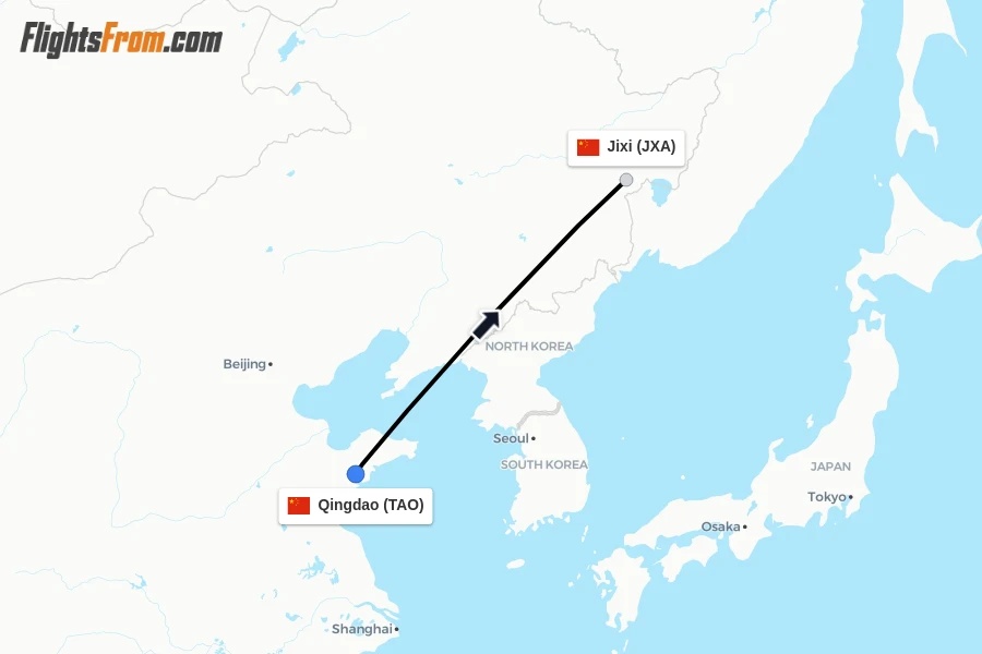 Flights from Qingdao to Jixi route map