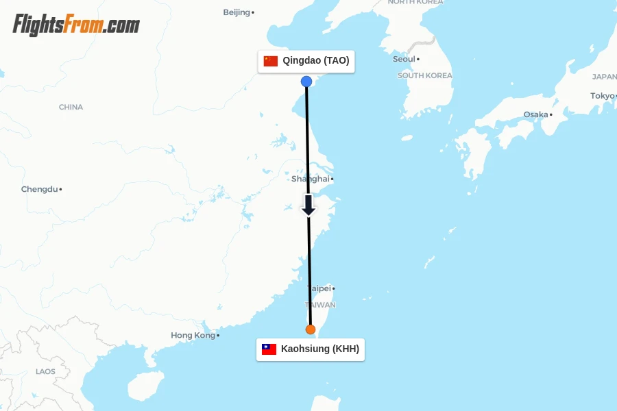 Flights from Qingdao to Kaohsiung route map