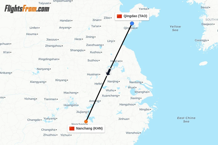 Flights from Qingdao to Nanchang route map