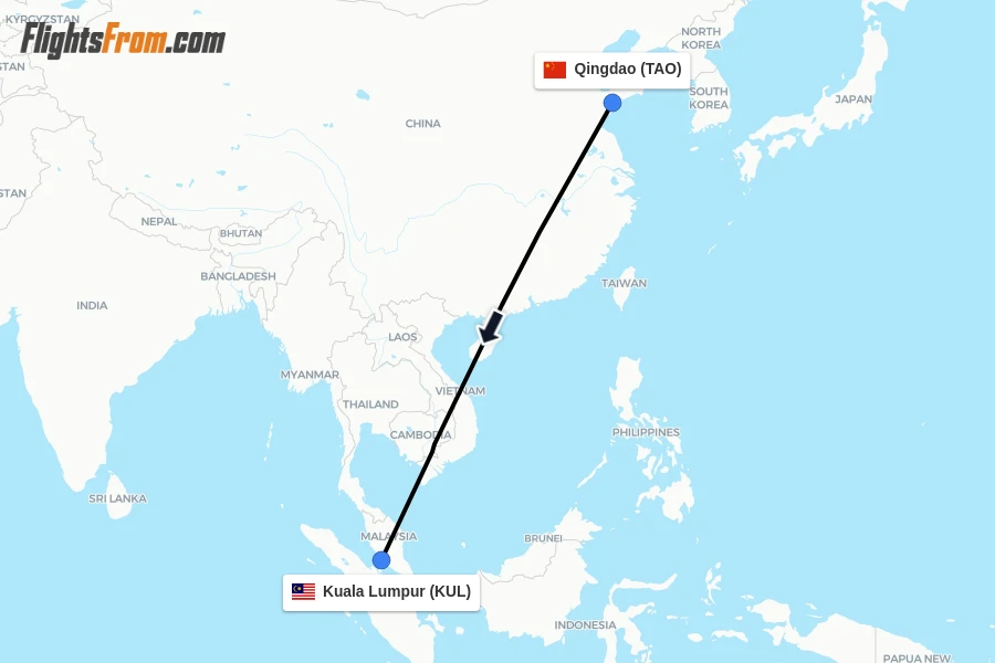 Flights from Qingdao to Kuala Lumpur route map