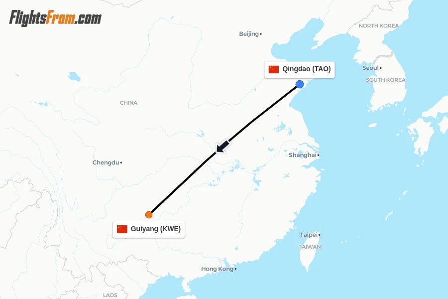 Flights from Qingdao to Guiyang route map