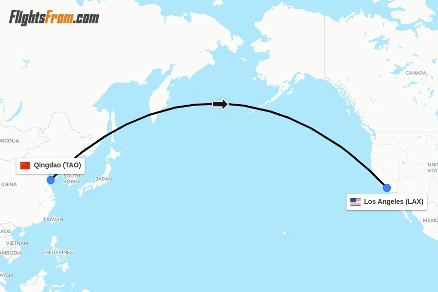 Flights from Qingdao to Los Angeles route map