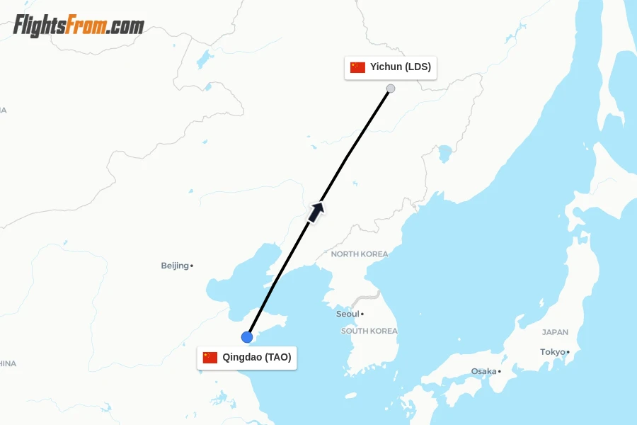 Flights from Qingdao to Yichun route map