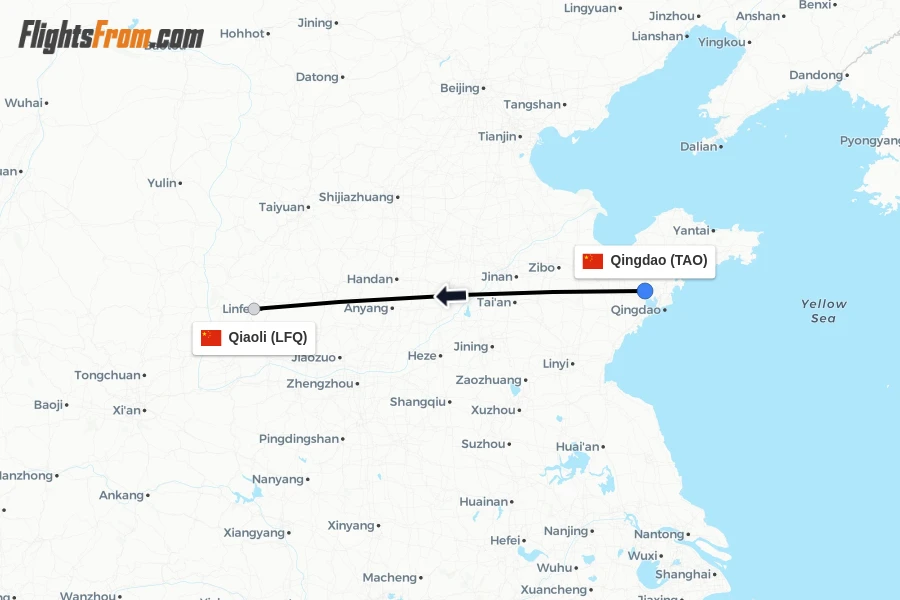 Flights from Qingdao to Qiaoli route map