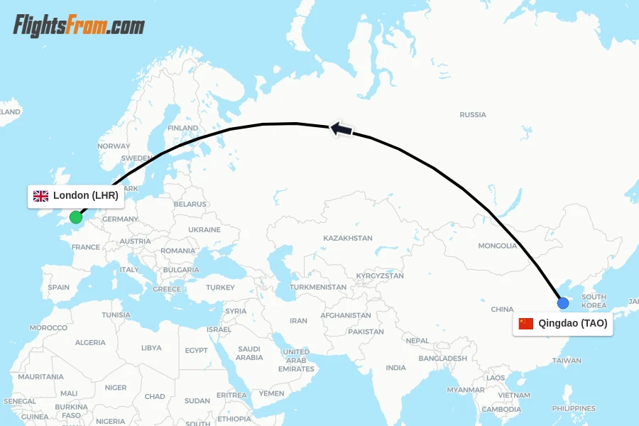 Flights from Qingdao to London route map