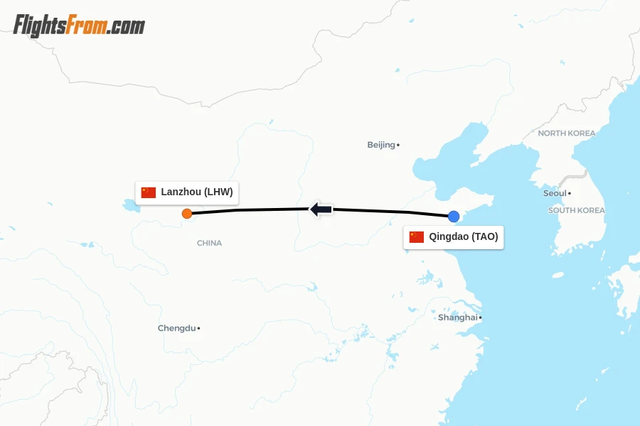 Flights from Qingdao to Lanzhou route map