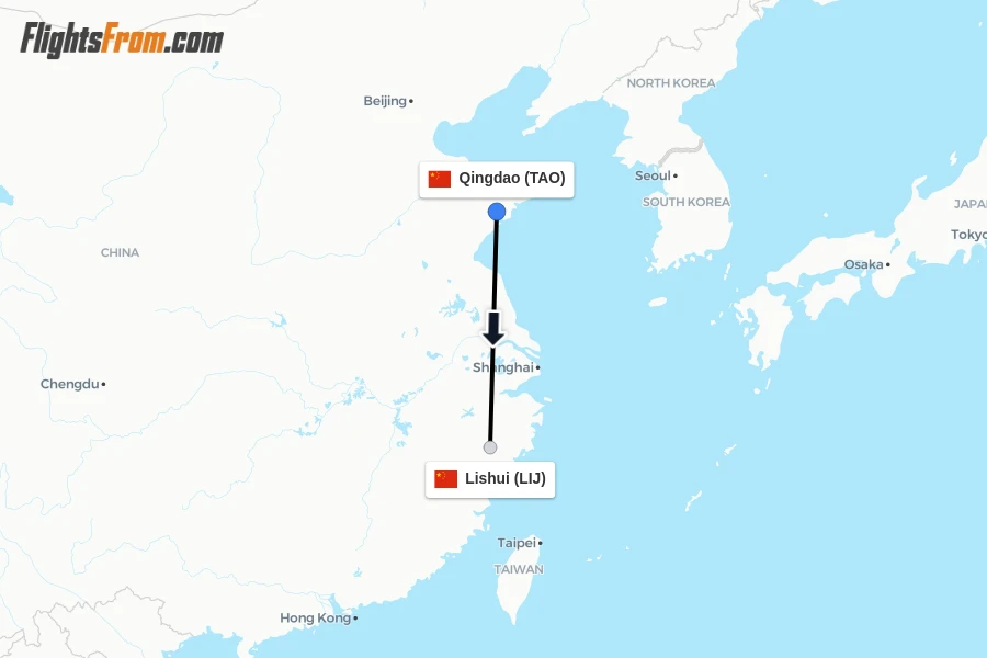 Flights from Qingdao to Lishui route map