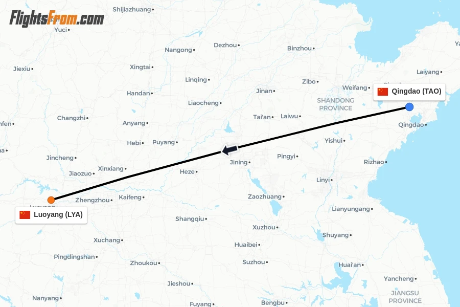 Flights from Qingdao to Luoyang route map