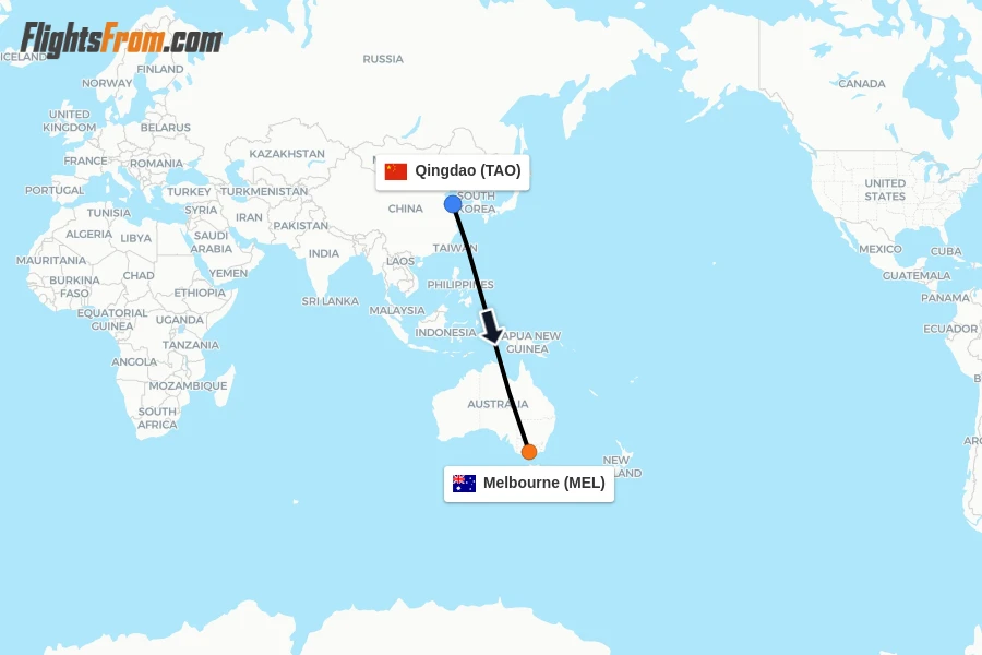 Flights from Qingdao to Melbourne route map