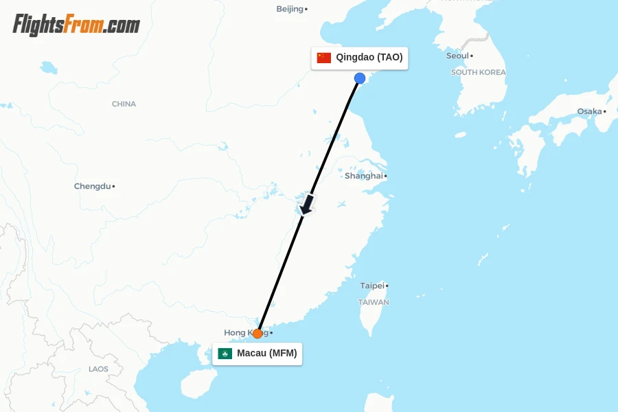 Flights from Qingdao to Macau route map