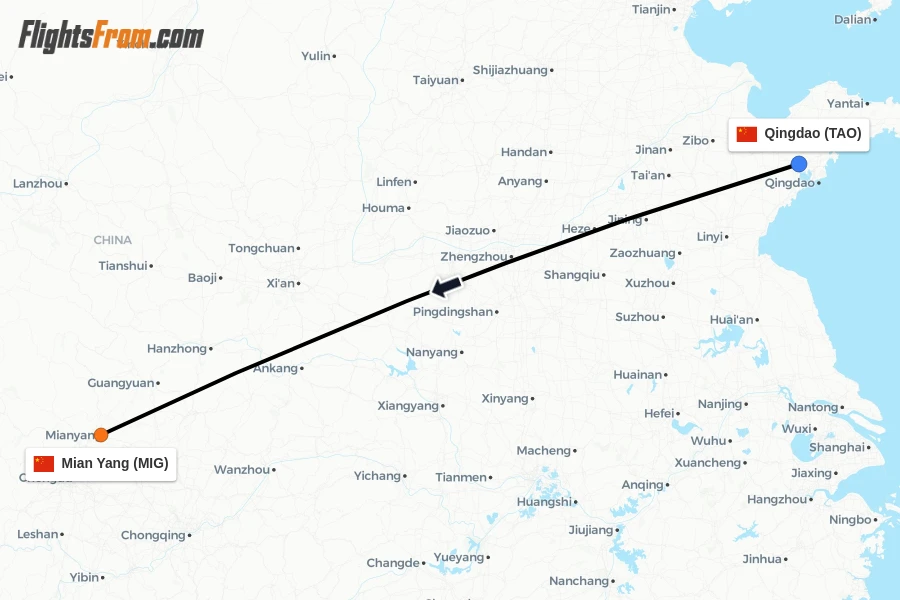 Flights from Qingdao to Mian Yang route map