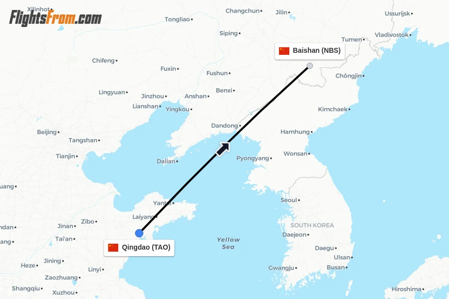 Flights from Qingdao to Baishan route map