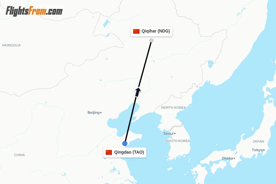 Flights from Qingdao to Qiqihar route map