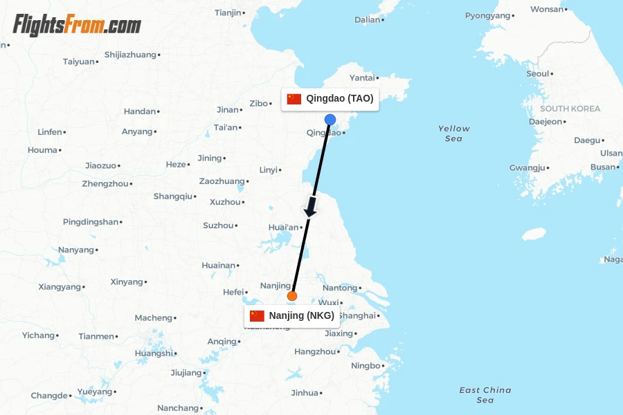 Flights from Qingdao to Nanjing route map