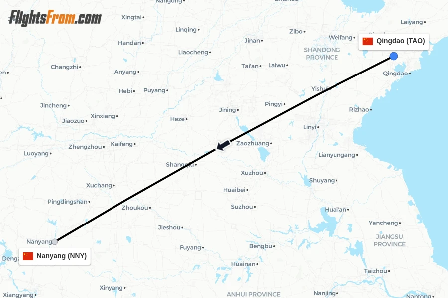 Flights from Qingdao to Nanyang route map