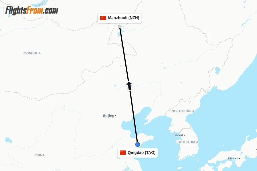 Flights from Qingdao to Manzhouli route map