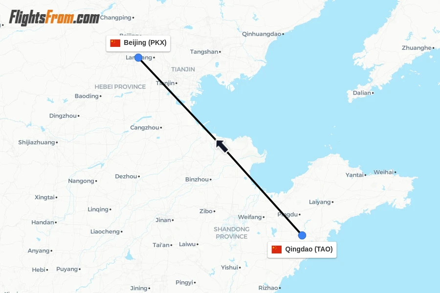 Flights from Qingdao to Beijing route map