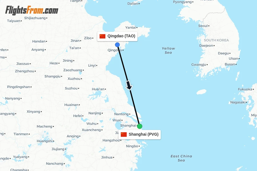 Flights from Qingdao to Shanghai route map