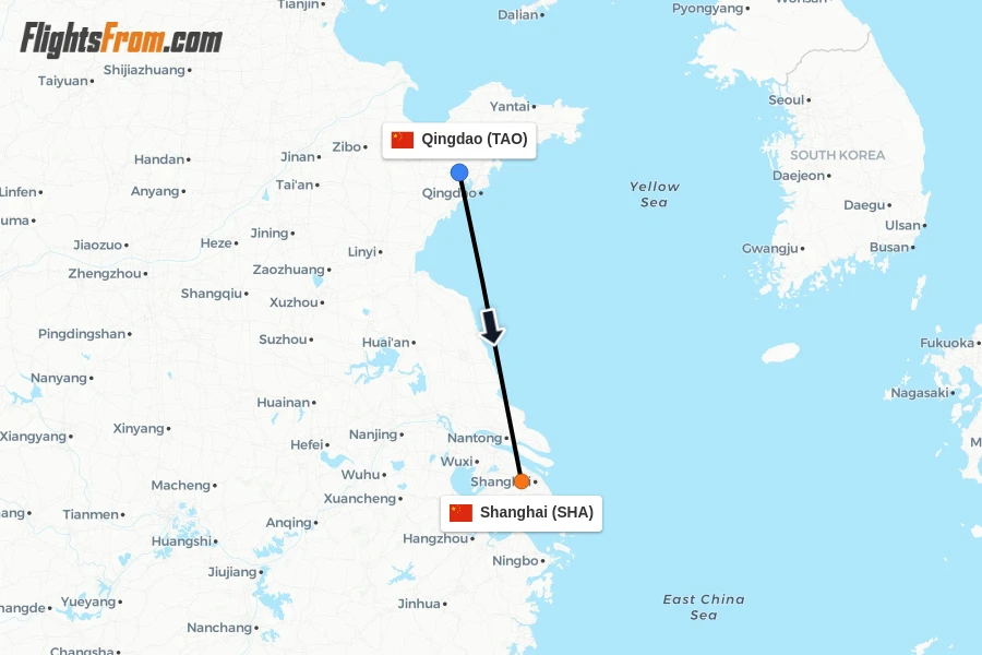 Flights from Qingdao to Shanghai route map