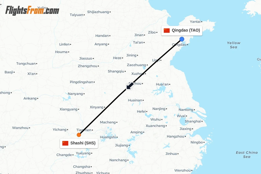 Flights from Qingdao to Shashi route map
