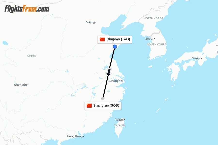 Flights from Qingdao to Shangrao route map