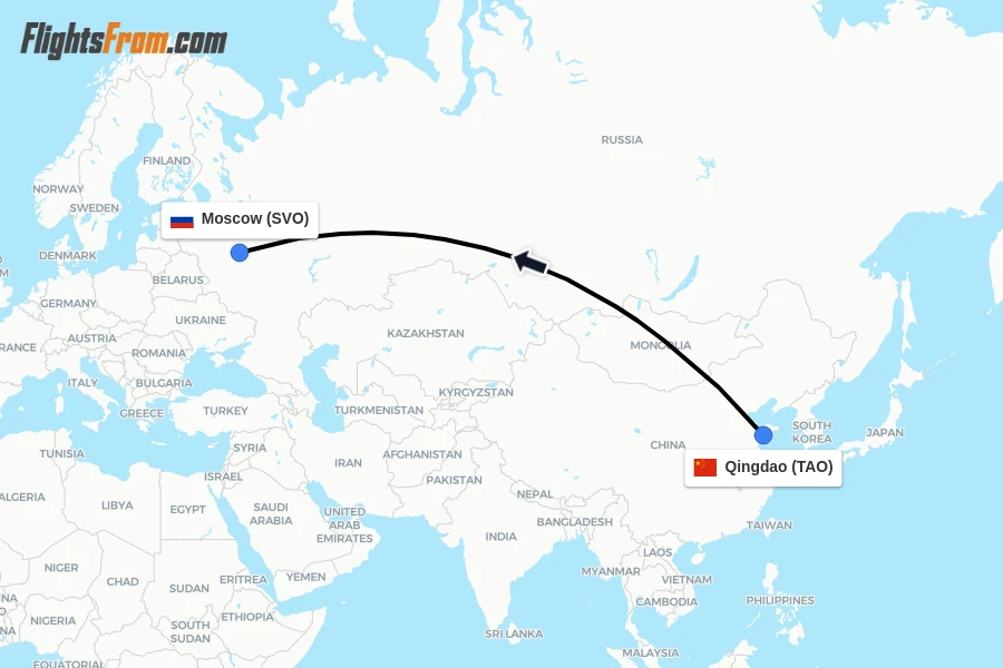 Flights from Qingdao to Moscow route map