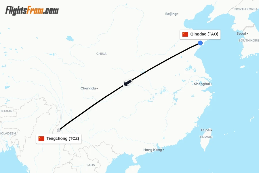 Flights from Qingdao to Tengchong route map