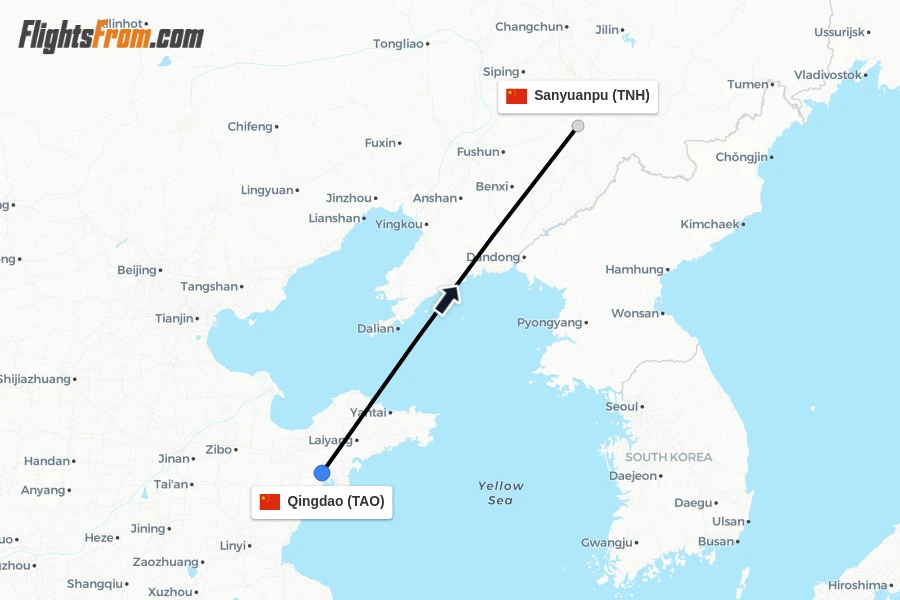 Flights from Qingdao to Sanyuanpu route map